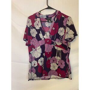 GEORGE WOMENS SIZE LARGE PURPLE FLORAL TOP SHIRT BLOUSE VNECK SHORT